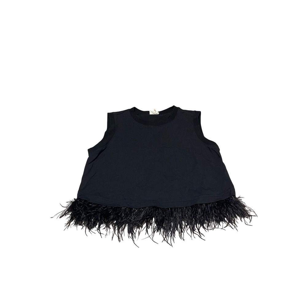 Cinq a Sept Tous Les Jours Black Feather Trim Sleeveless Top Small Boxy Tank
